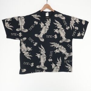 LOONEY TUNES Bugs Bunny Shirt‎ Mens 2XL Black All Over Print Time is Money Tee